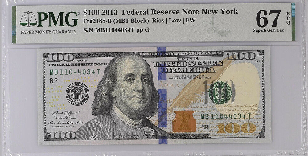 United States 100 Dollars USA 2013 P 543 B New York Superb GEM UNC PMG 67 EPQ