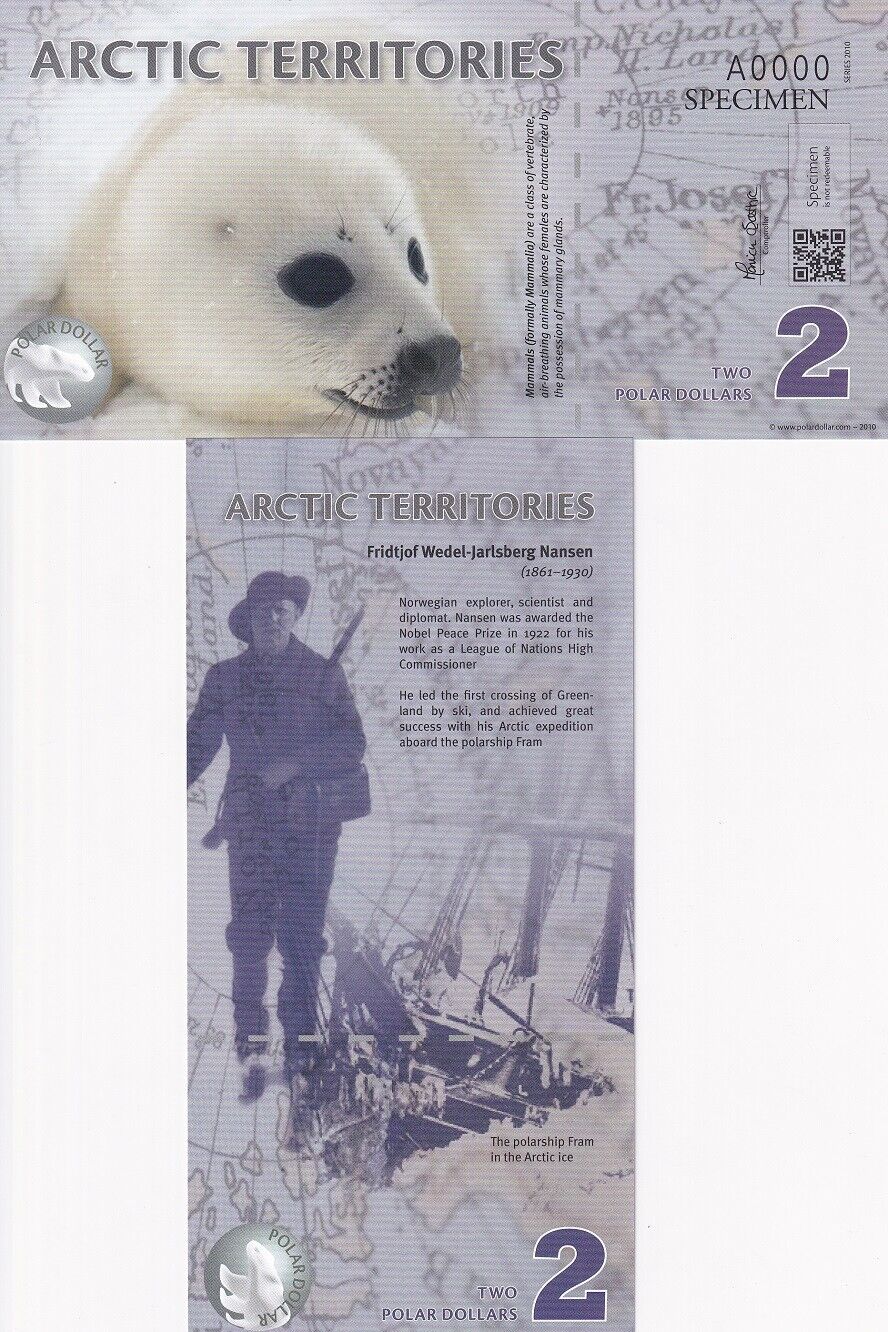 Arctic Territories 2 Dollar 2010 Polymer Polar Seal SPECIMEN W/QR CODE UNC