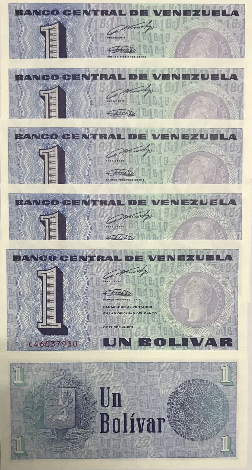 Venezuela 1 Bolivar 1989 P 68 UNC LOT 5 PCS