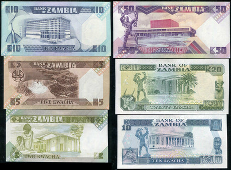 Zambia Set 6 PCS 2 5 10 50 10 20 Kwacha ND 1980-1989 P 24 25 26 28 31 32 UNC