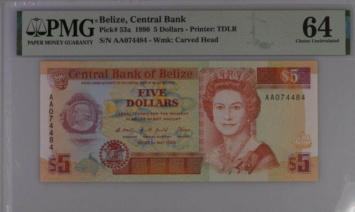 Belize 5 Dollars 1990 P 53 a Choice UNC PMG 64