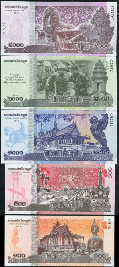 CAMBODIA SET 5 UNC 100 500 1000 2000 5000 RIELS 2015-2017 P 64 65 66 67 68 COMM.