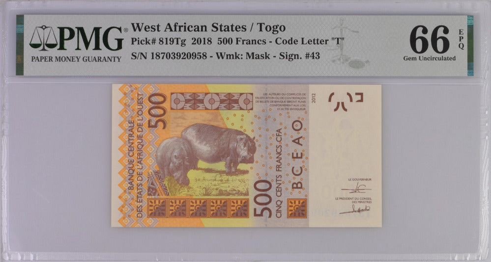 West African States Togo 500 Francs 2018 P 819 Tg Gem UNC PMG 66 EPQ
