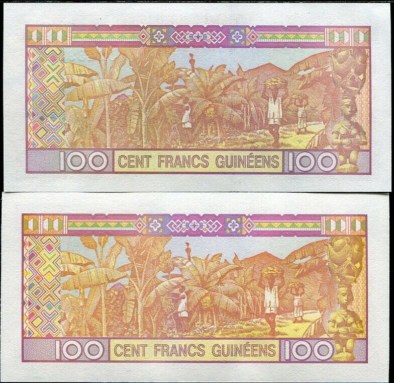 GUINEA SET 2 PCS OF 100 FRANCS 1998 2012 P 35 a b UNC