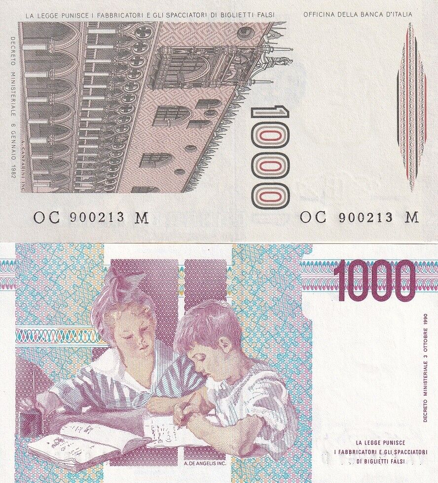 Italy Set 2 Pcs 1000 Lire 1982-1990 P 109 a P 114 a UNC