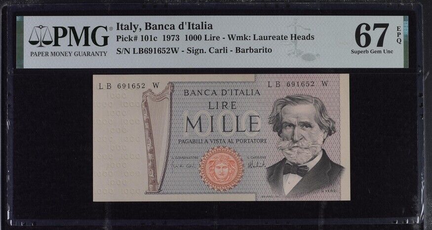 Italy 1000 Lire 1973 P 101 c Superb Gem UNC PMG 67 EPQ