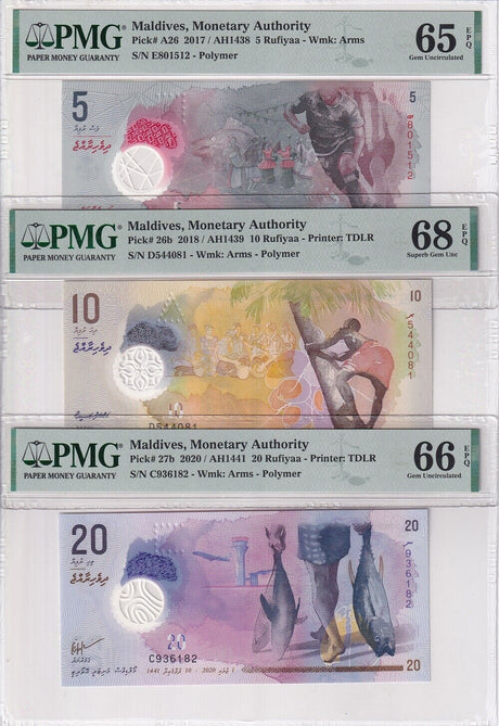Maldives Set 6; 5-50 100 500 R.2015-18 P A26-P 30 Superb Gem UNC PMG 65-68 EPQ