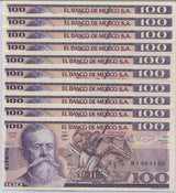 Mexico 100 Pesos 1982 P 74 AUnc lot 10 PCS