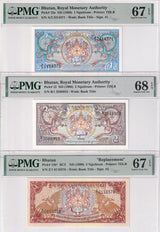 Bhutan Set 3; 1 2 5 Ngultrum 1986 1990 P12a -P14b* Superb Gem UNC PMG 67 68 EPQ