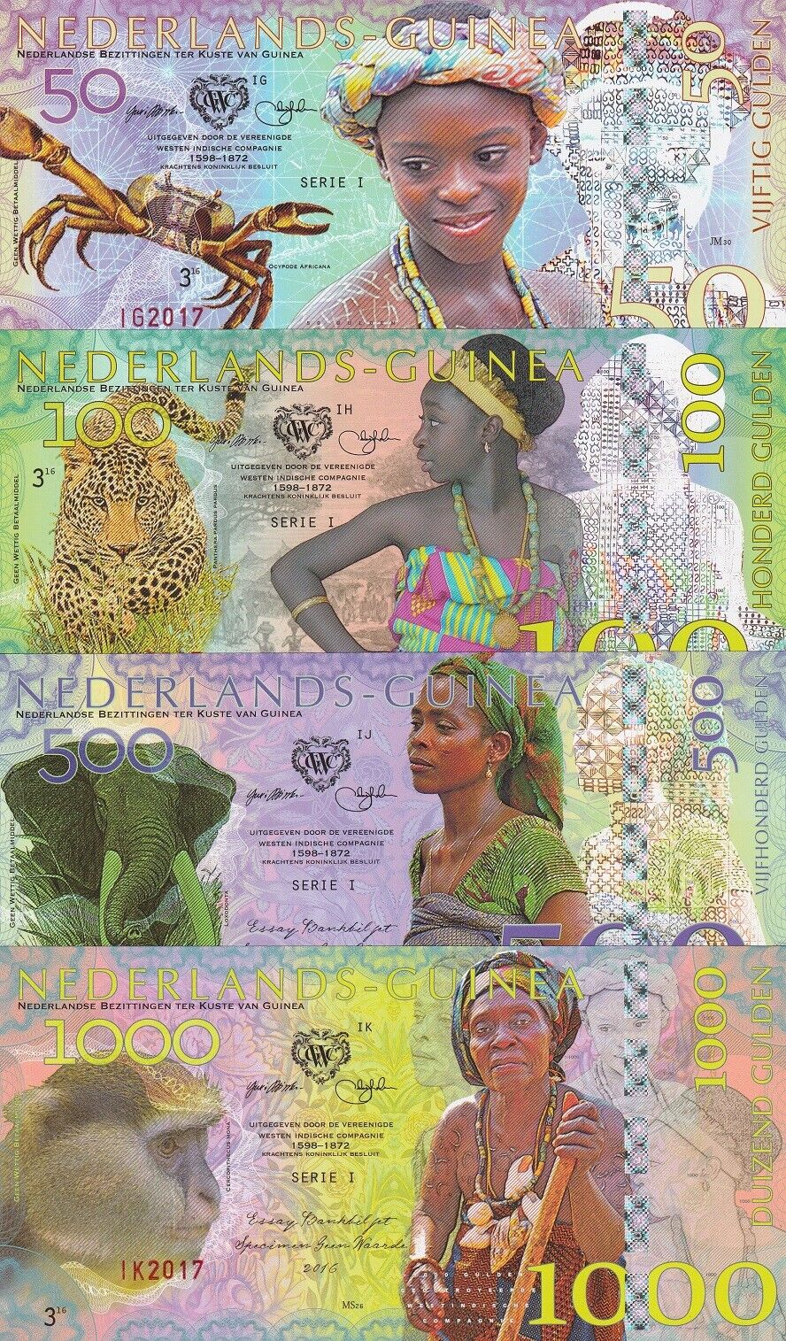 Netherlands Guinea (Ghana) Set 4 PCS 50 100 500 1000 Gulden 2016 Fantasy