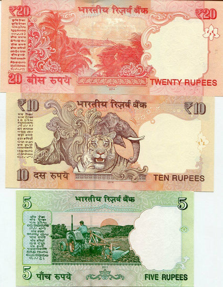 India Set 3 Pcs 5 10 20 Rupees Random Year P 102 103 NEW UNC