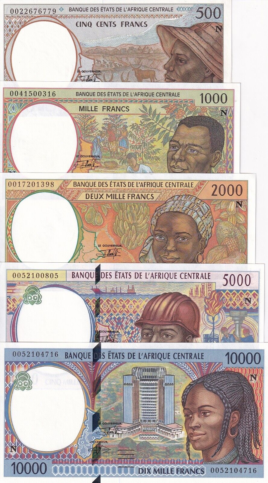 Central African Guinea Set 5 UNC 500-10000 Francs Random Date P 501N-P 505N