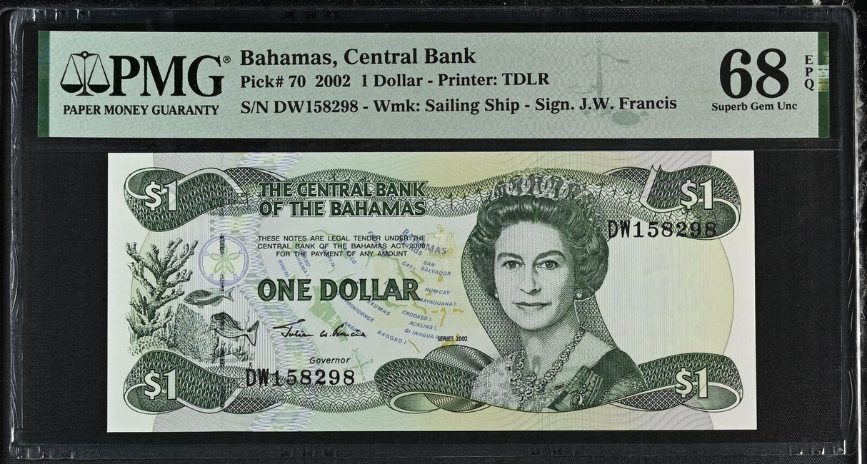 Bahamas 1 Dollar 2002 P 70 QEII Superb GEM UNC PMG 68 EPQ