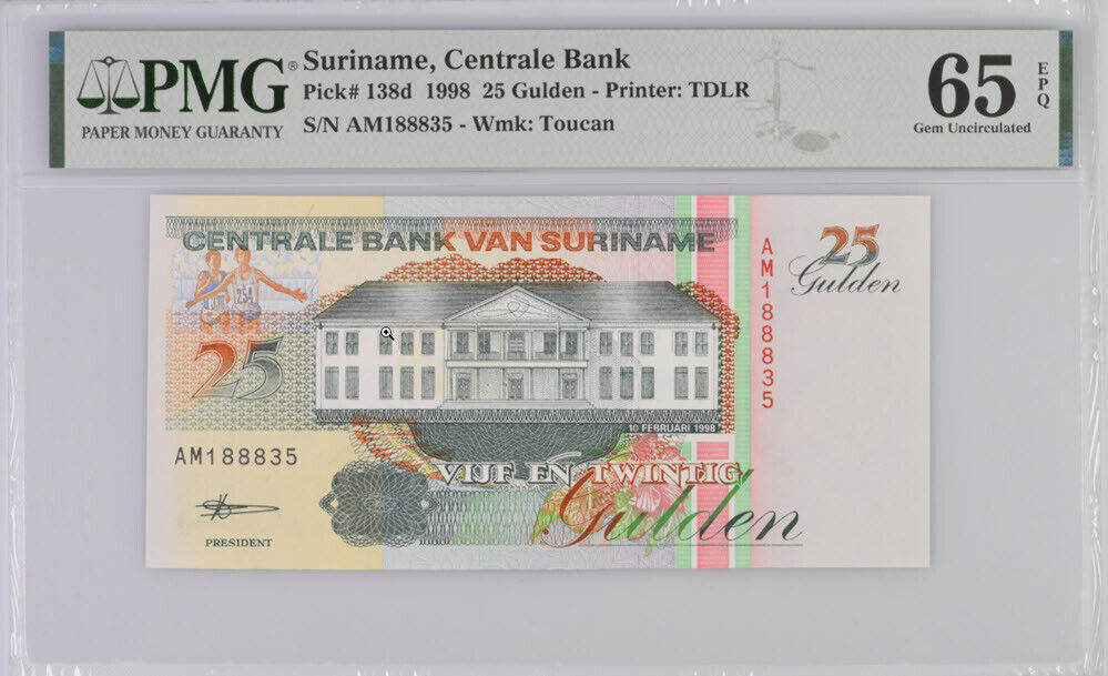Suriname 25 Gulden 1998 P 138 d Gem UNC PMG 65 EPQ