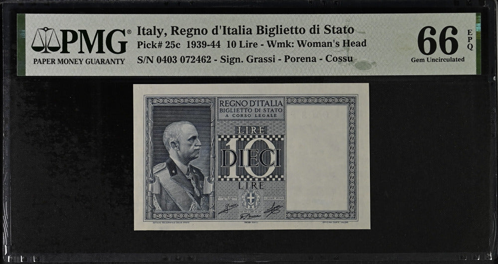 Italy 10 Lire 1939 P 25 c Gem UNC PMG 66 EPQ
