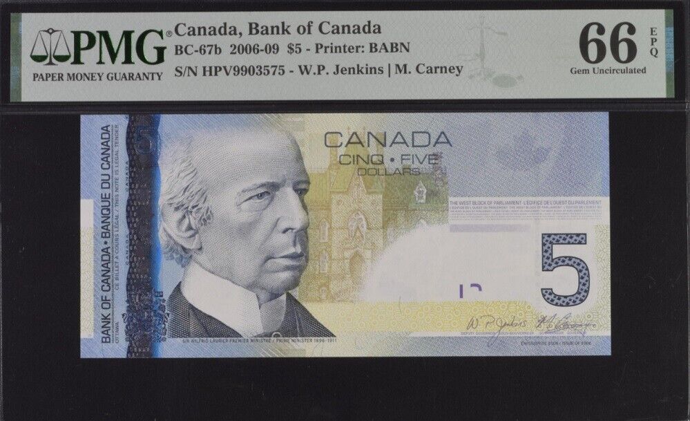 Canada 5 Dollars 2006/2009 P 101A Jenkins Carney Gem UNC PMG 66 EPQ