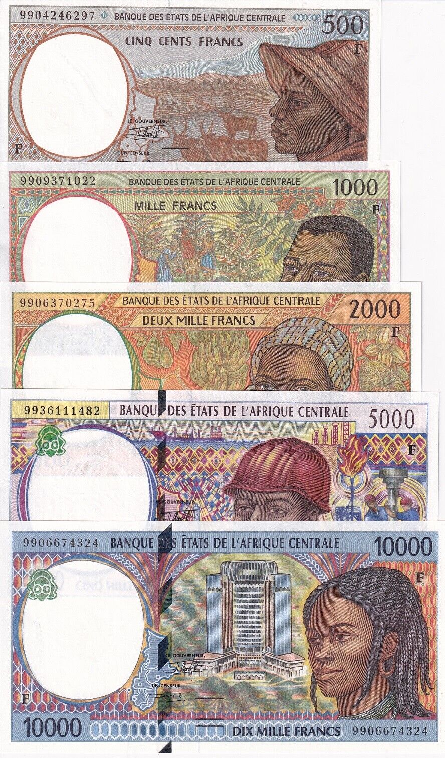 Central African Republic Set 5 UNC 500 1000-10000 Francs 1999 P 301F - P 305F