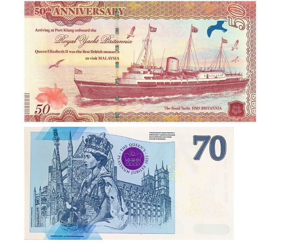 Test Note Set 2 Pcs Great Britain 70 Pound 2022 & Malaysia Queen Elizabeth II