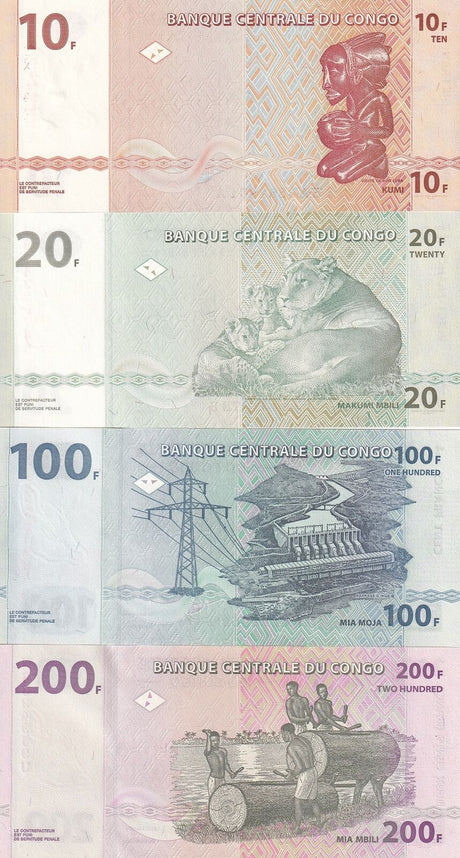Congo Set 4 UNC 10 20 100 200 Francs 2000-2003 P 92 93 94 95
