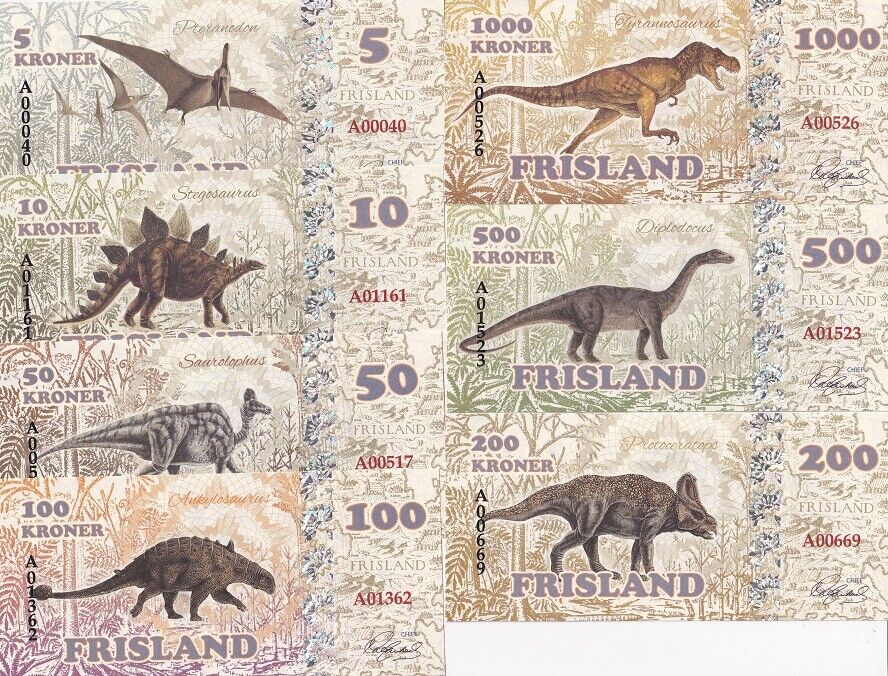 Frisland Set 7 5 10 50 100 200 500 1000 Kroner Pteranodon Tyrannosaurus Fantasy