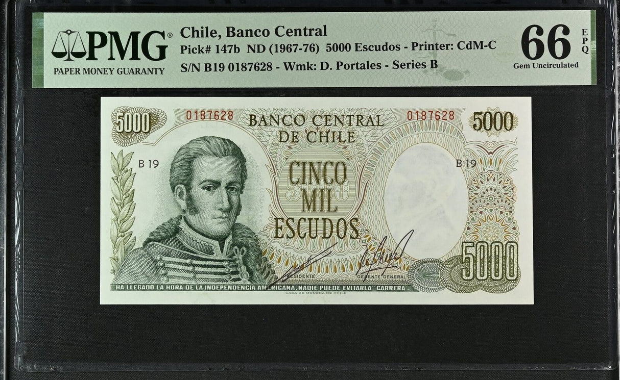 Chile 5000 Escudos ND 1967-1976 P 147 b Gem UNC PMG 66 EPQ
