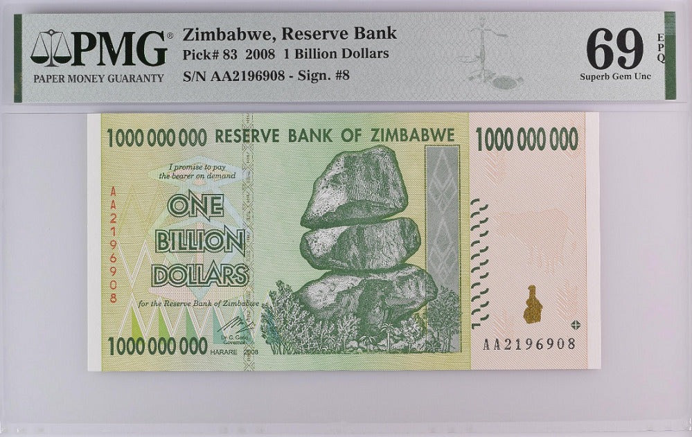 Zimbabwe 1 Billion Dollars 2008 P 83 Superb Gem UNC PMG 69 EPQ