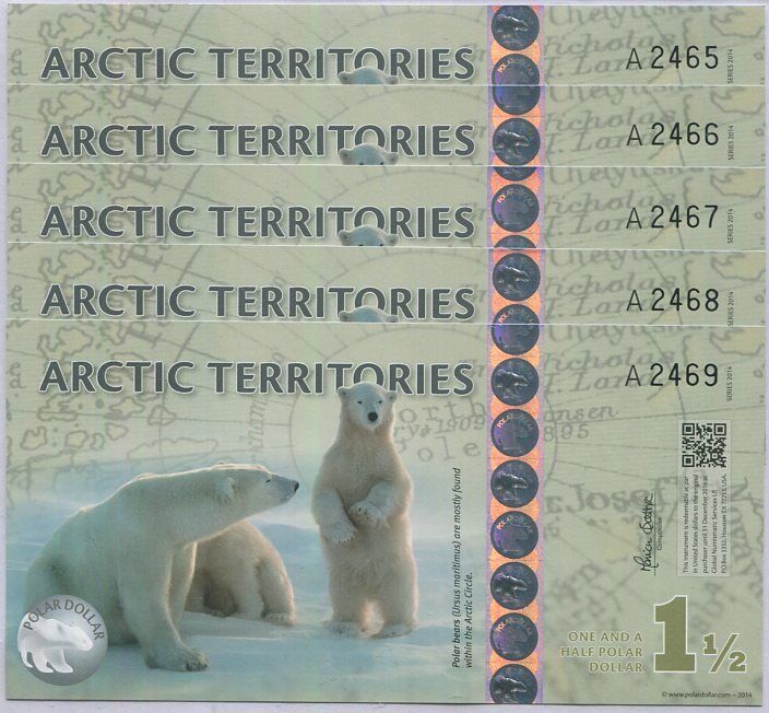 Arctic Territories 1.5 Dollar 2014 Polymer Polar Bears UNC Lot 10 Pcs