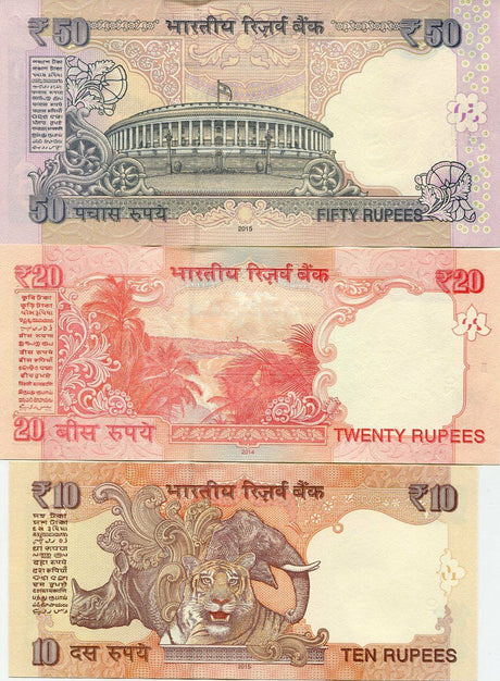 India Set 3 Pcs 10 20 50 Rupees Random Year P 102 103 104 UNC