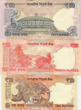 India Set 3 Pcs 10 20 50 Rupees Random Year P 102 103 104 UNC