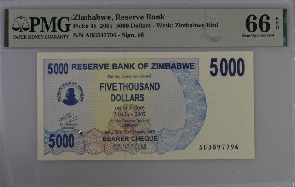 Zimbabwe 5000 Dollars 2007 P 45 Gem UNC PMG 66 EPQ