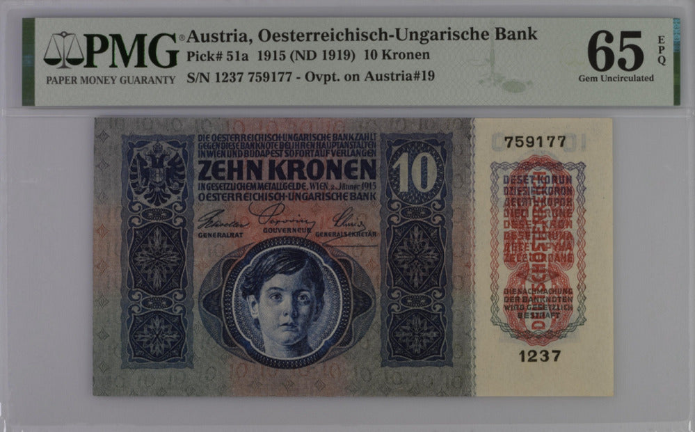 Austria 10 Kronen 1915/1919 P 51 a Gem UNC PMG 65 EPQ