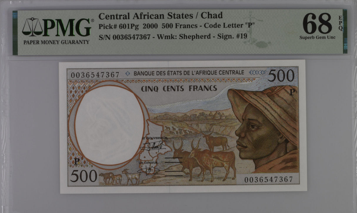 Central African States Chad 500 Francs 2000 P 601Pg Superb Gem UNC PMG 68 EPQ N