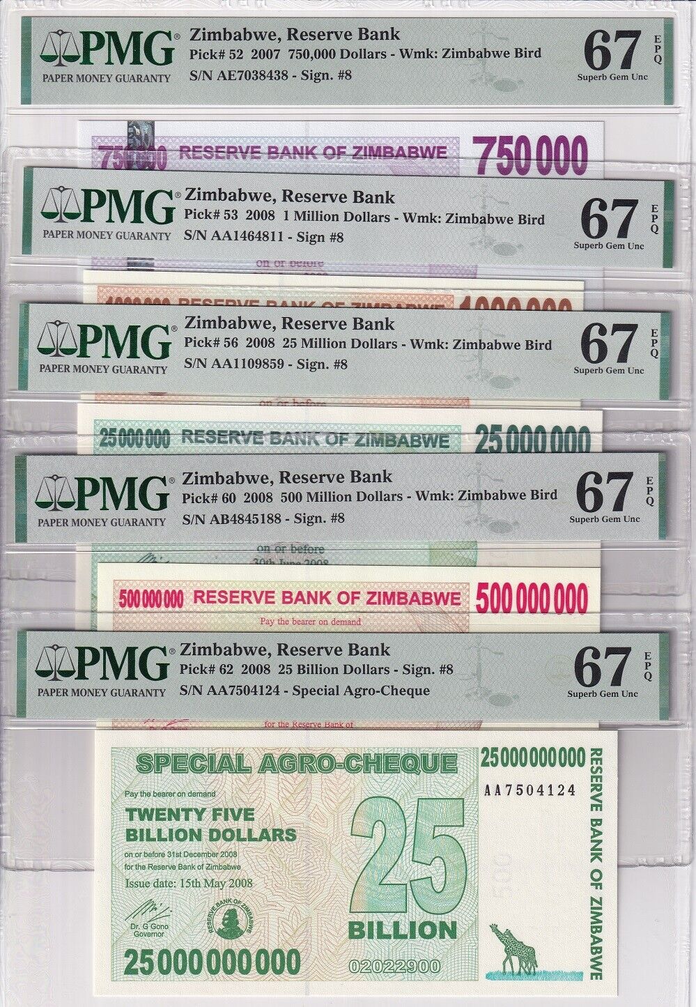 Zimbabwe Set 5; 750K 1-500 Mill 25 Bill 2008 P 52-P 62 Superb Gem UNC PMG 67 EPQ