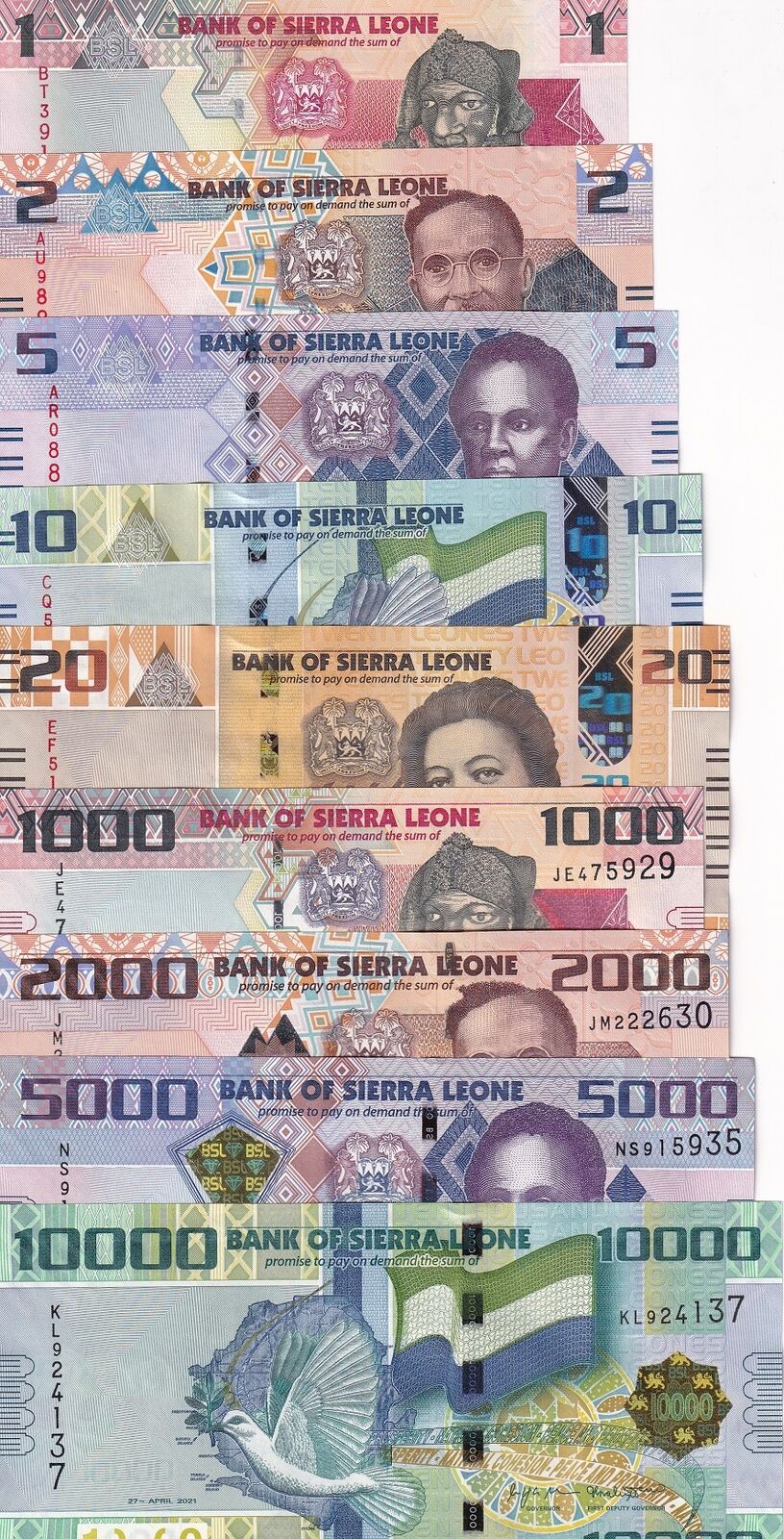 Sierra Leone Set 9 UNC 1 2 5 10 20 1000 2000 5000 10000 Leones 2020-2022 P 30-38