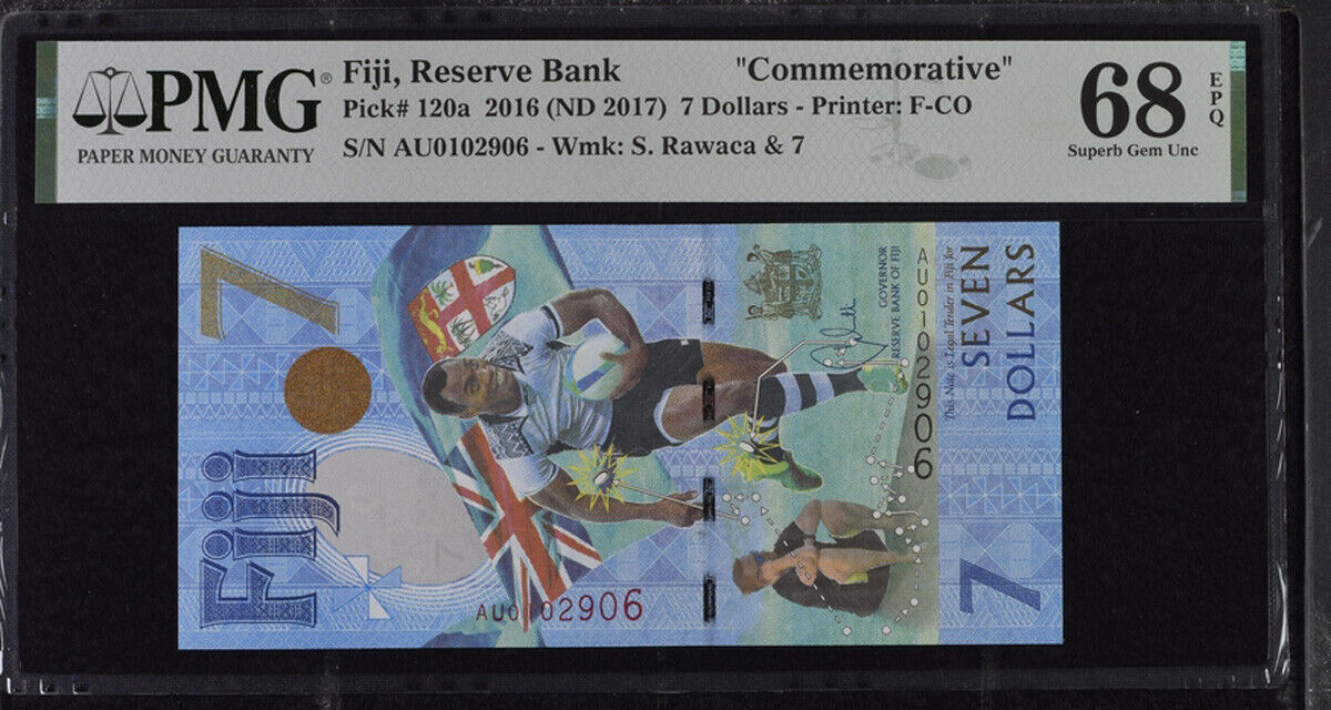Fiji 7 Dollars 2016 ND 2017 P 120 a Comm. Superb Gem UNC PMG 68 EPQ