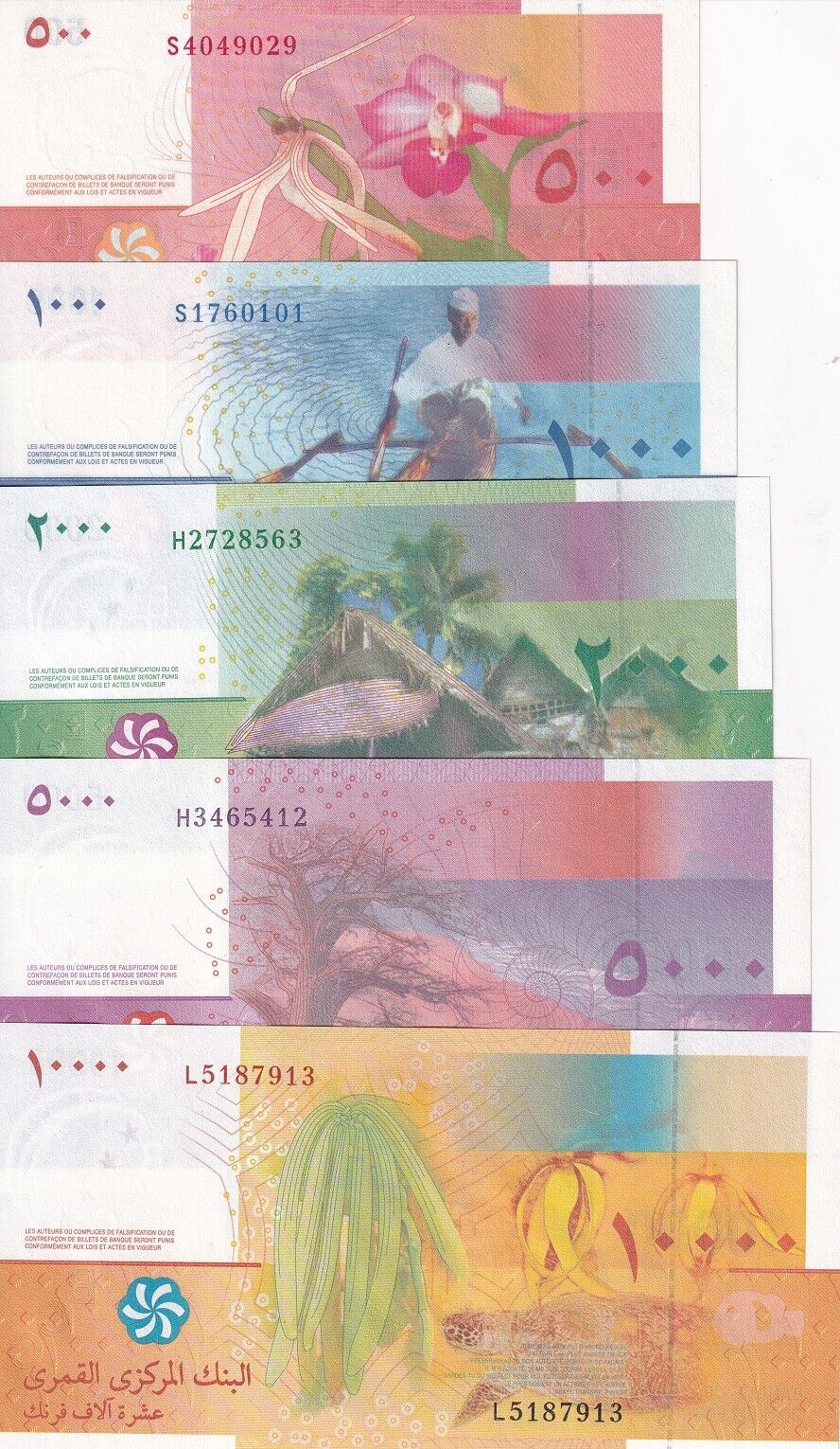 Comoros Set 5 UNC 500 1000 - 10000 Francs 2006/2020 P 15 P 16 P 17 P 18 P 19