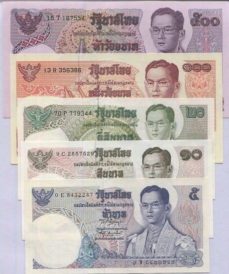 Thailand set 5 UNC 5 10 20 100 500 Baht ND 1969-1988 P 82 83 84 85 86