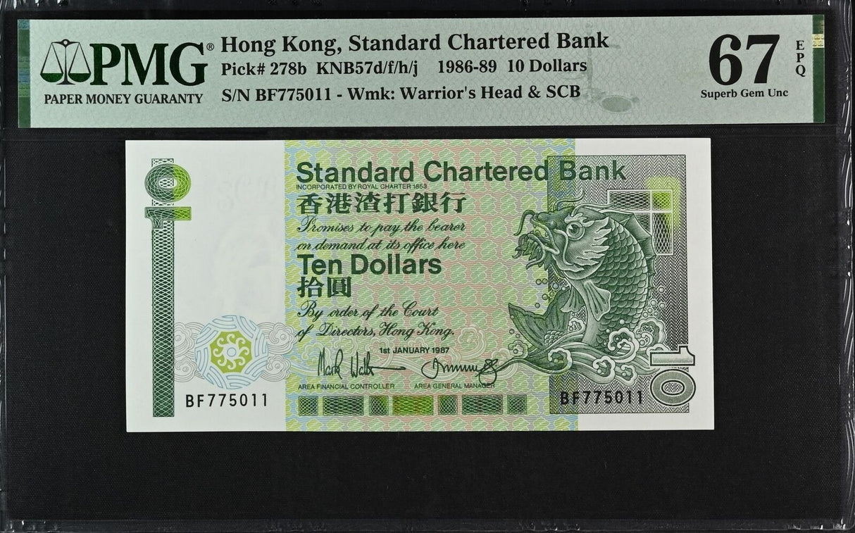 HONG KONG 10 DOLLARS 1987 P 278 b Superb Gem UNC PMG 67 EPQ