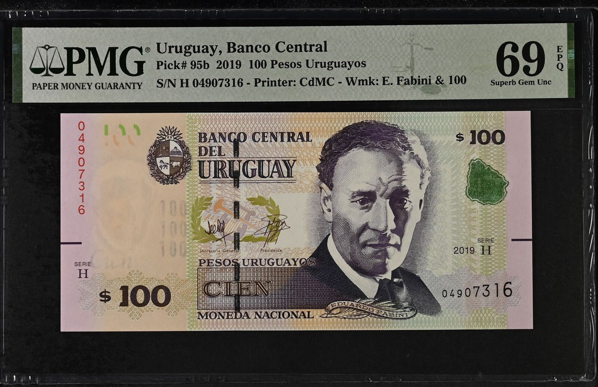 Uruguay 100 Pesos 2019 P 95 b Superb Gem UNC PMG 69 EPQ