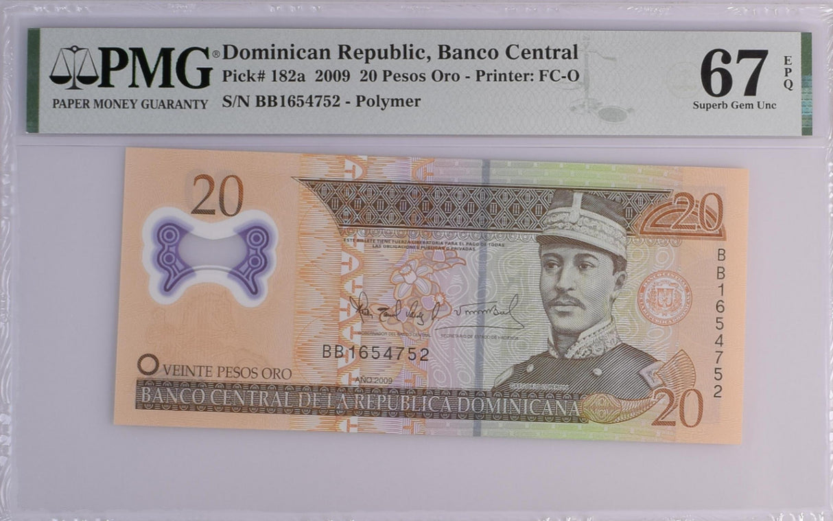 Dominican Republic 20 Pesos 2009 P 182 a Polymer Superb Gem UNC PMG 67 EPQ