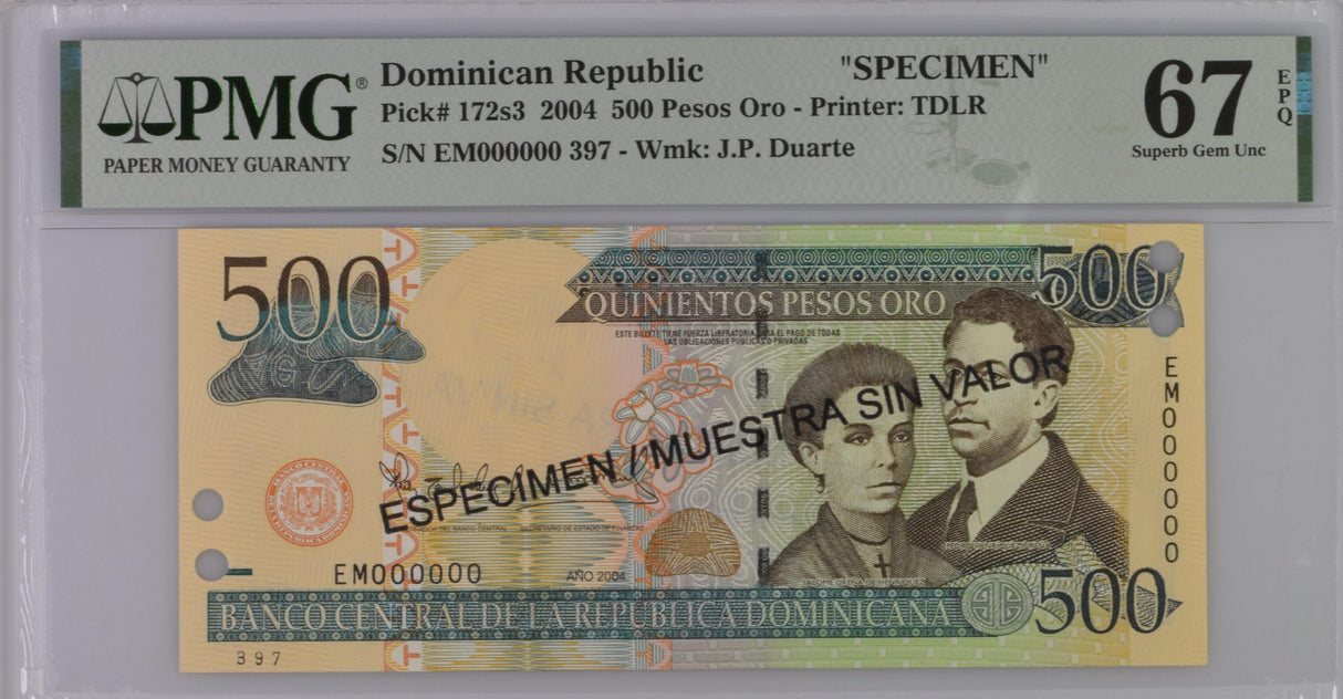 Dominican Republic 500 Pesos 2004 P 172s3 SPECIMEN Superb Gem UNC PMG 67 EPQ Top