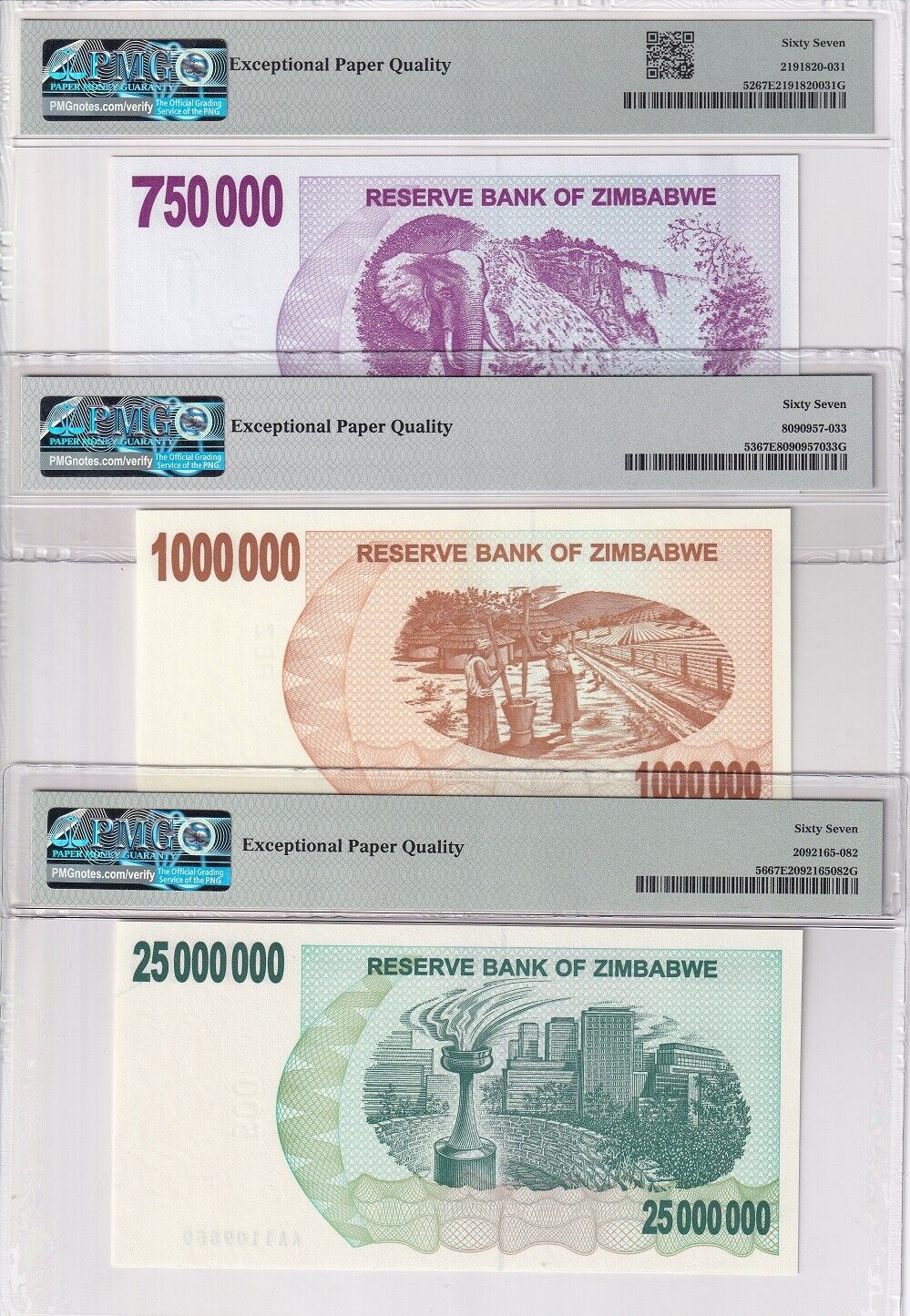 Zimbabwe Set 5; 750K 1-500 Mill 25 Bill 2008 P 52-P 62 Superb Gem UNC PMG 67 EPQ