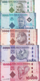 Tanzania Set 5 Pcs 500 1000 2000 5000 10000 Shillings 2010-2020 P 40 41-P 44 UNC
