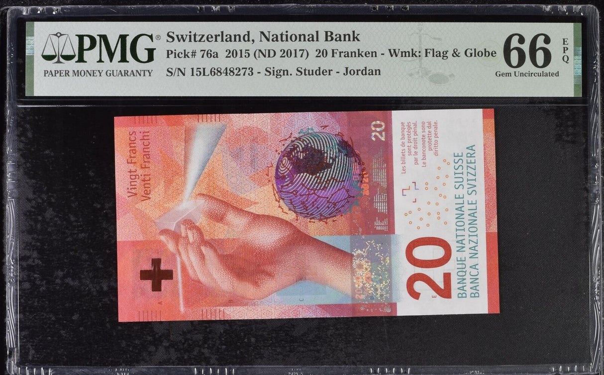Switzerland 20 Franken 2015 ND 2017 P 76 a Sign Studer Jordan Gem UNC PMG 66 EPQ