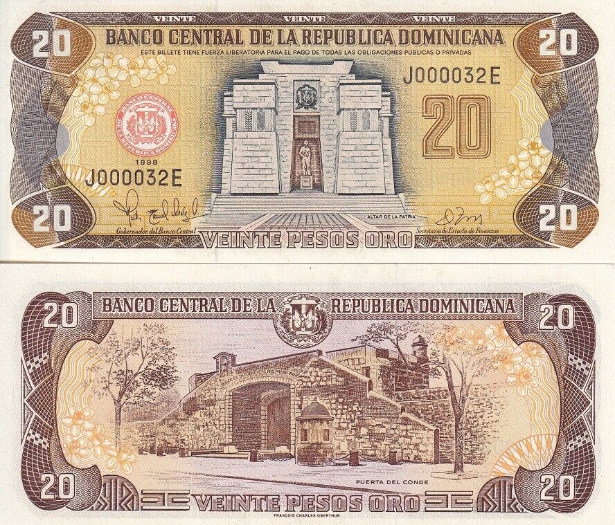 Dominican Republic 20 Pesos 1998 Low serial # 2 Digit P 154 b UNC