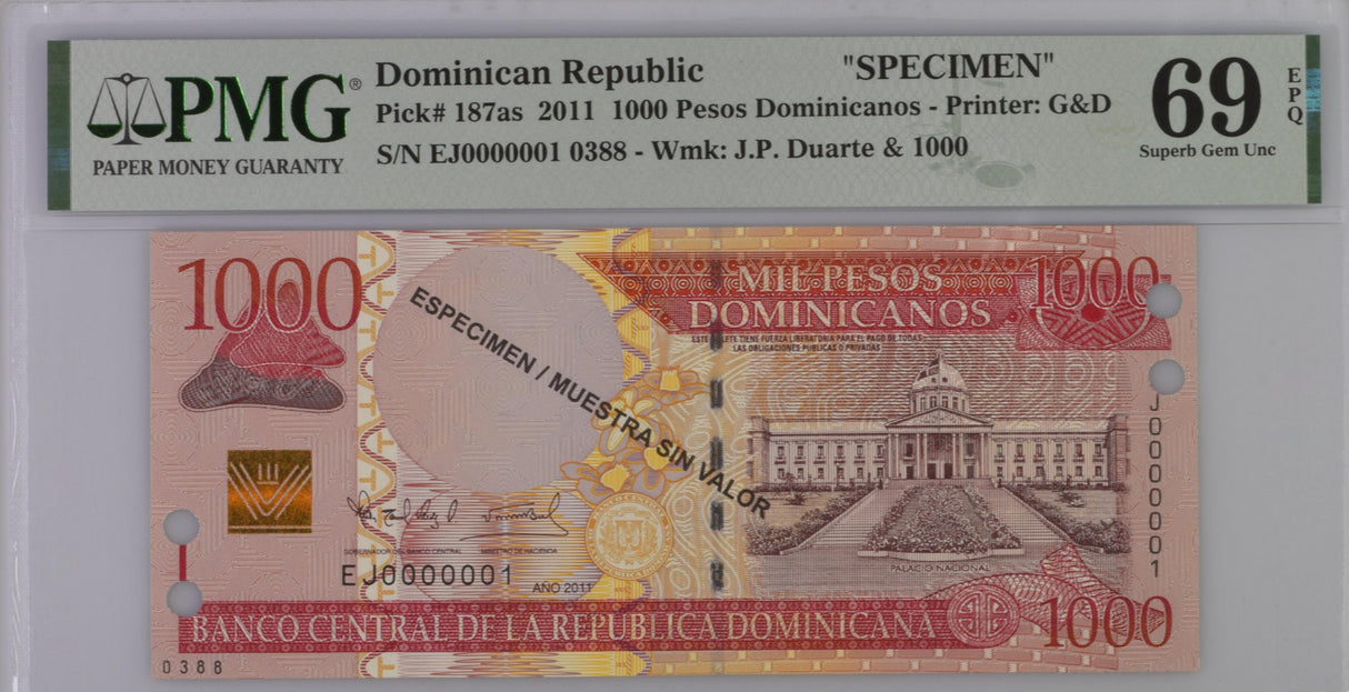 Dominican Republic 1000 Pesos 2011 P 187as SPECIMEN Superb Gem UNC PMG 69 EPQ To