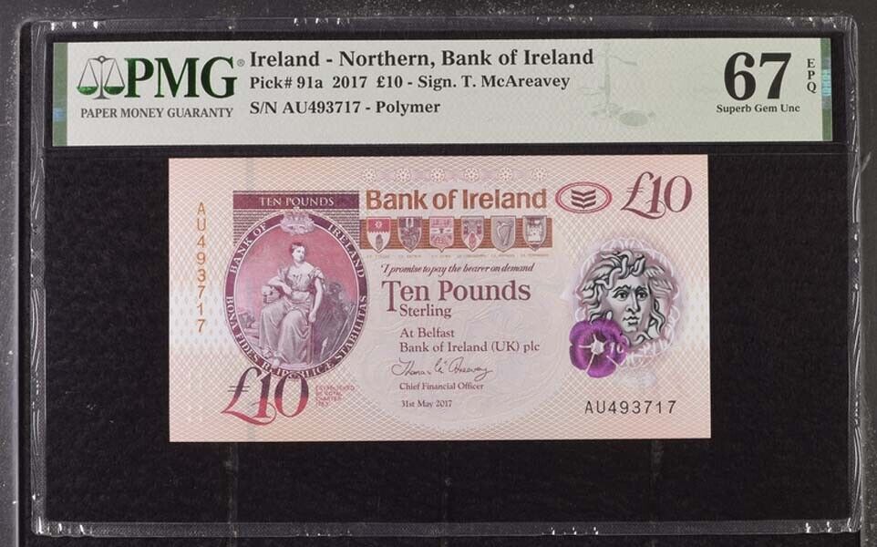 Northern Ireland 10 Pounds 2017 BOI P 91 a Polymer Superb Gem UNC PMG 67 EPQ