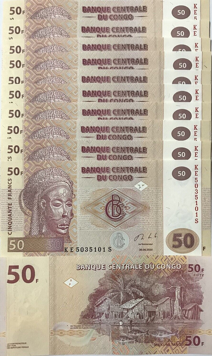 Congo 50 Francs 2020 P 97 UNC LOT 10 PCS