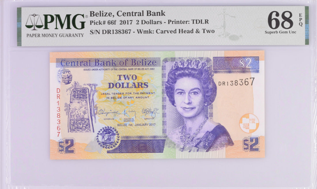Belize 2 Dollars 2017 P 66 f Superb Gem UNC PMG 68 EPQ