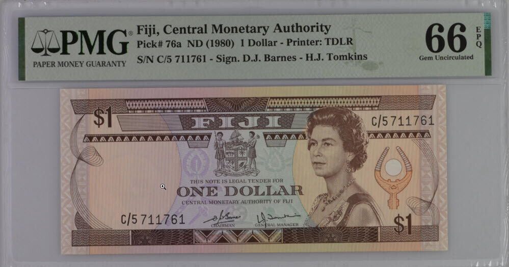Fiji 1 Dollar ND 1980 P 76 a Gem UNC PMG 66 EPQ